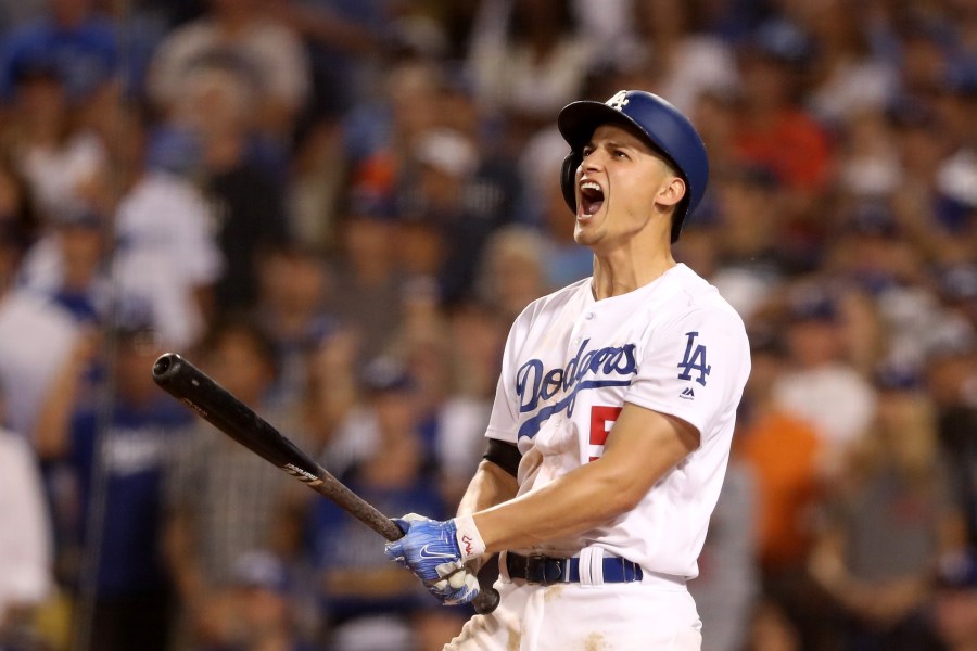 Corey Seager of the Los Angeles Dodgers celebrates after hitting a two-run home run during the sixth inning against the Houston Astros in game two of the 2017 World Series at Dodger Stadium on October 25, 2017 in Los Angeles. (Christian Petersen/Getty Images)