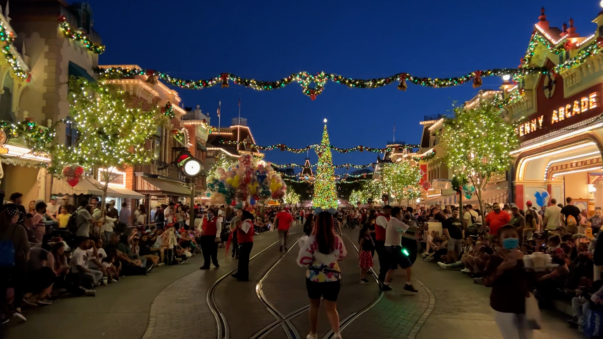 Main Street sparkles at night at Disneyland on Nov. 13, 2021. (KTLA)