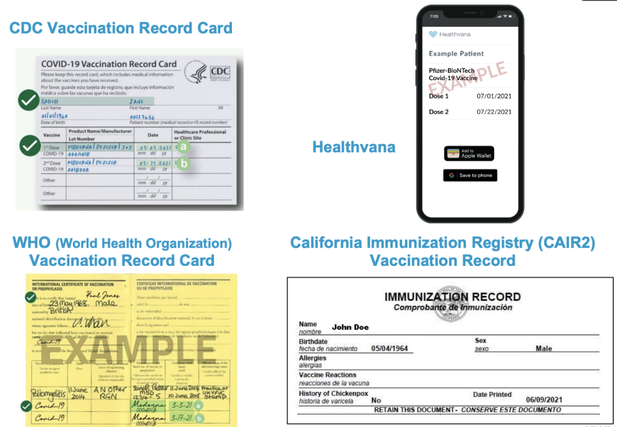 Pictured are examples of approved California vaccination records. (Los Angeles County Department of Public Health)