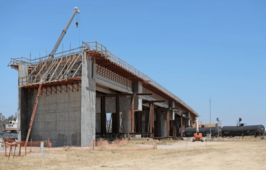 In Madera County, this 700-foot-long bridge for the California bullet train had corrosion problems in 2019.(Gary Coronado/Los Angeles Times)