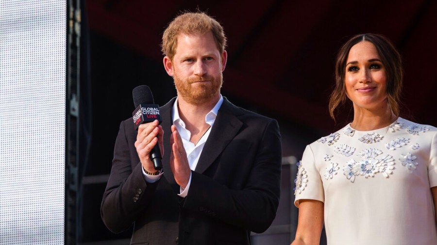 Prince Harry and Meghan Markle speak during the Global Citizen festival, Sept. 25, 2021 in New York. (AP Photo/Stefan Jeremiah, file)