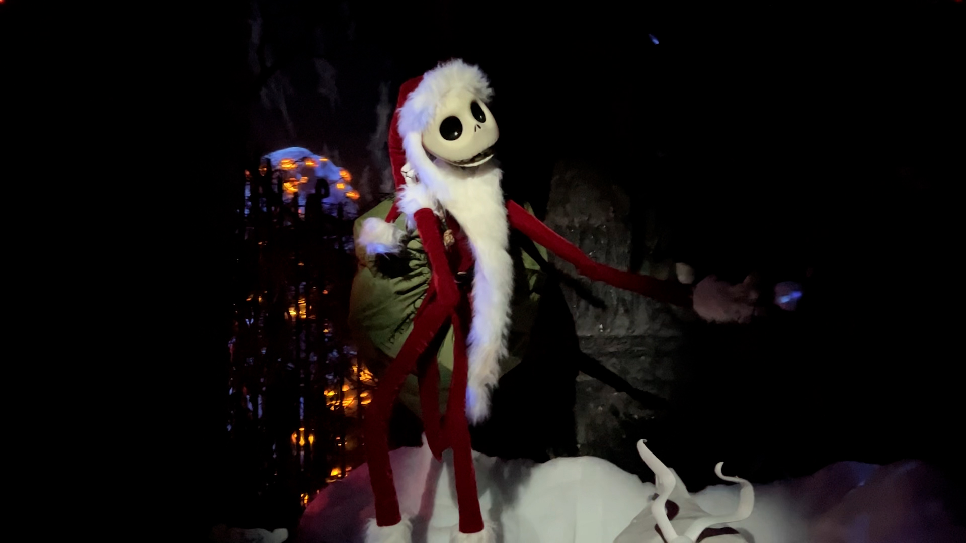 Jack Skellington and Zero in Haunted Mansion Holiday at Disneyland on Nov. 13, 2021. (KTLA)