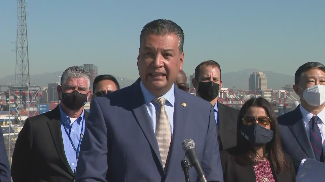 Sen. Alex Padilla speaks at the Port of Long Beach on Nov. 12, 2021. (KTLA)