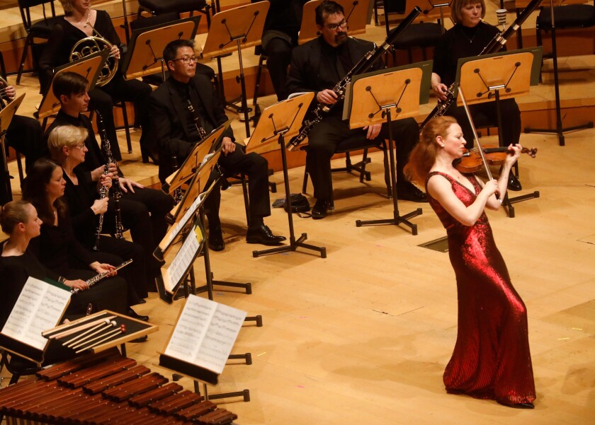 Violinist Carolin Widmann performs with the L.A. Phil at Walt Disney Concert Hall in February 2020. (Genaro Molina / Los Angeles Times)