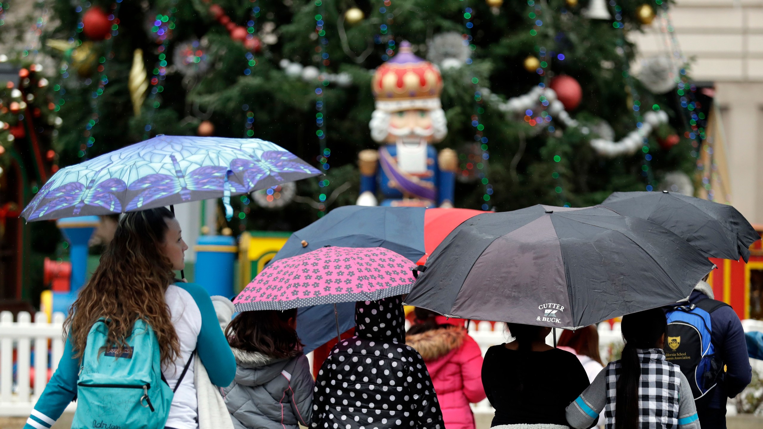 A group of school children crosses the street in front of a Christmas Tree a rain falls on Dec. 15, 2016, in San Jose , Calif. (AP Photo/Marcio Jose Sanchez)