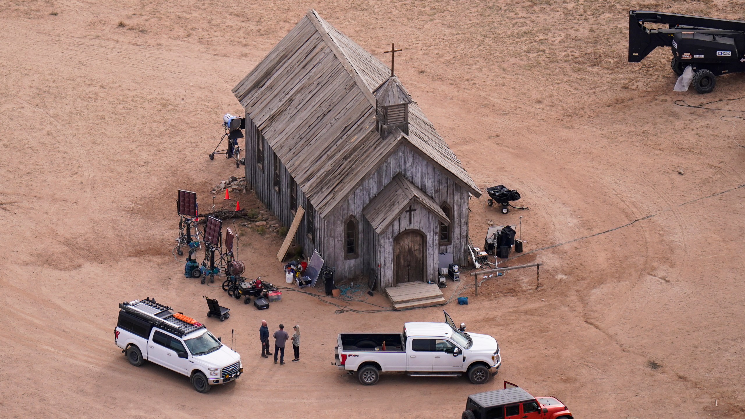 This aerial photo shows the set of "Rust" at the Bonanza Creek Ranch in Santa Fe, N.M., on Oct. 23, 2021. (AP Photo/Jae C. Hong, File)