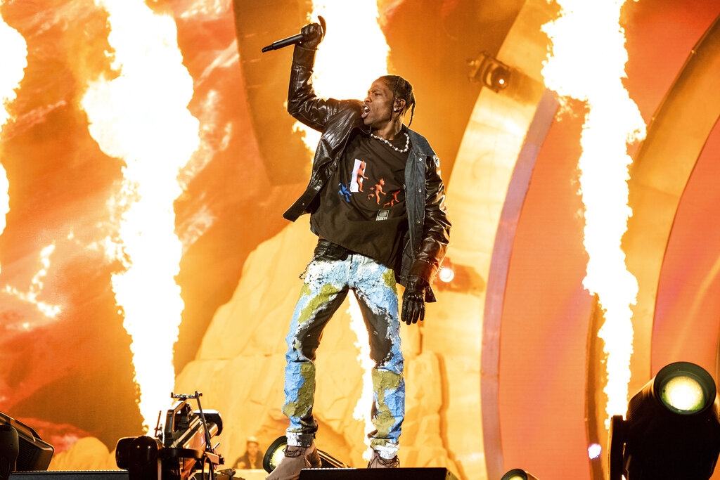 Travis Scott performs at Day 1 of the Astroworld Music Festival at NRG Park on Nov. 5, 2021, in Houston. (Amy Harris/Invision/AP)