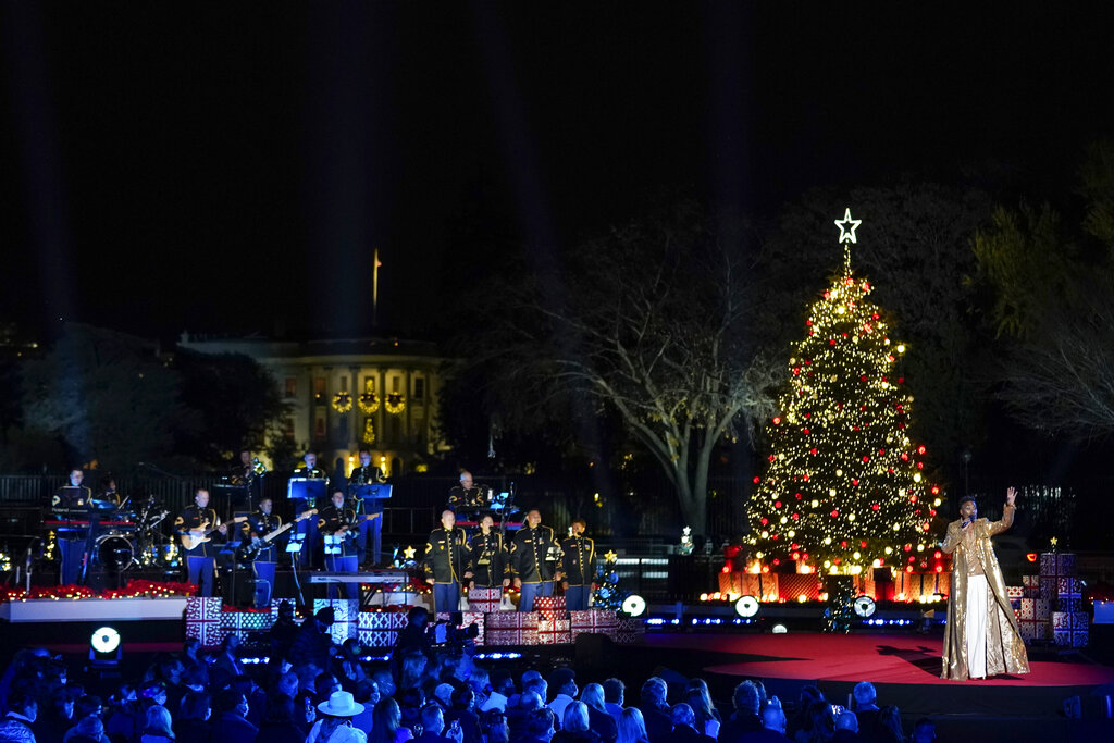 Billy Porter performs as President Joe Biden and first lady Jill Biden attend the National Christmas Tree lighting ceremony at the Ellipse near the White House, Thursday, Dec. 2, 2021, in Washington. (AP Photo/Andrew Harnik)