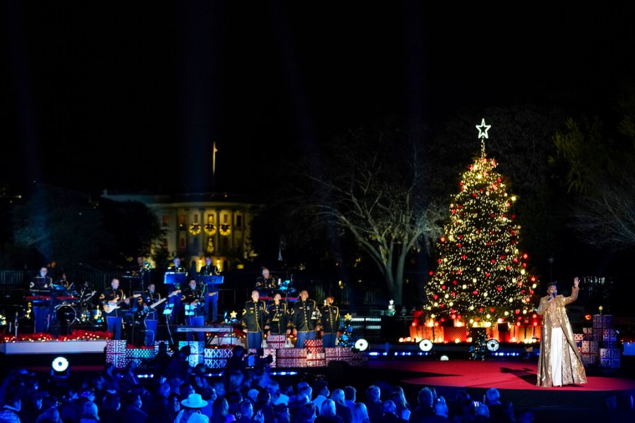 Billy Porter performs as President Joe Biden and first lady Jill Biden attend the National Christmas Tree lighting ceremony at the Ellipse near the White House, Thursday, Dec. 2, 2021, in Washington. (AP Photo/Andrew Harnik)