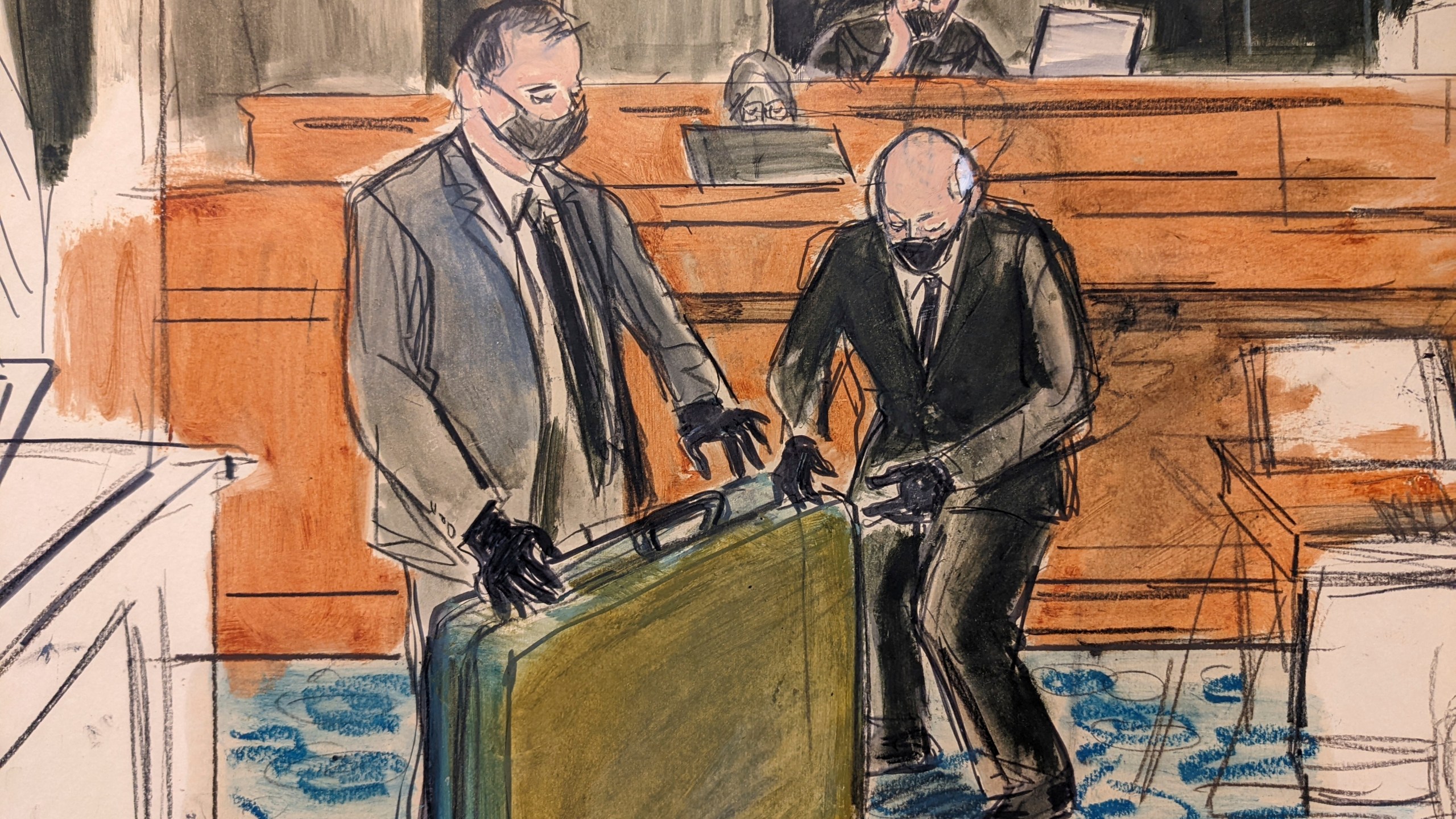 In this sketch, a prosecution detective, left, shows a massage table recovered from Jeffrey Epstein's Palm Beach Beach home to witness and former Palm Beach Police Officer Gregory Parkinson, right, during testimony in the sex-abuse trial of Ghislaine Maxwell on Dec. 3, 2021, in New York. (Elizabeth Williams via AP)