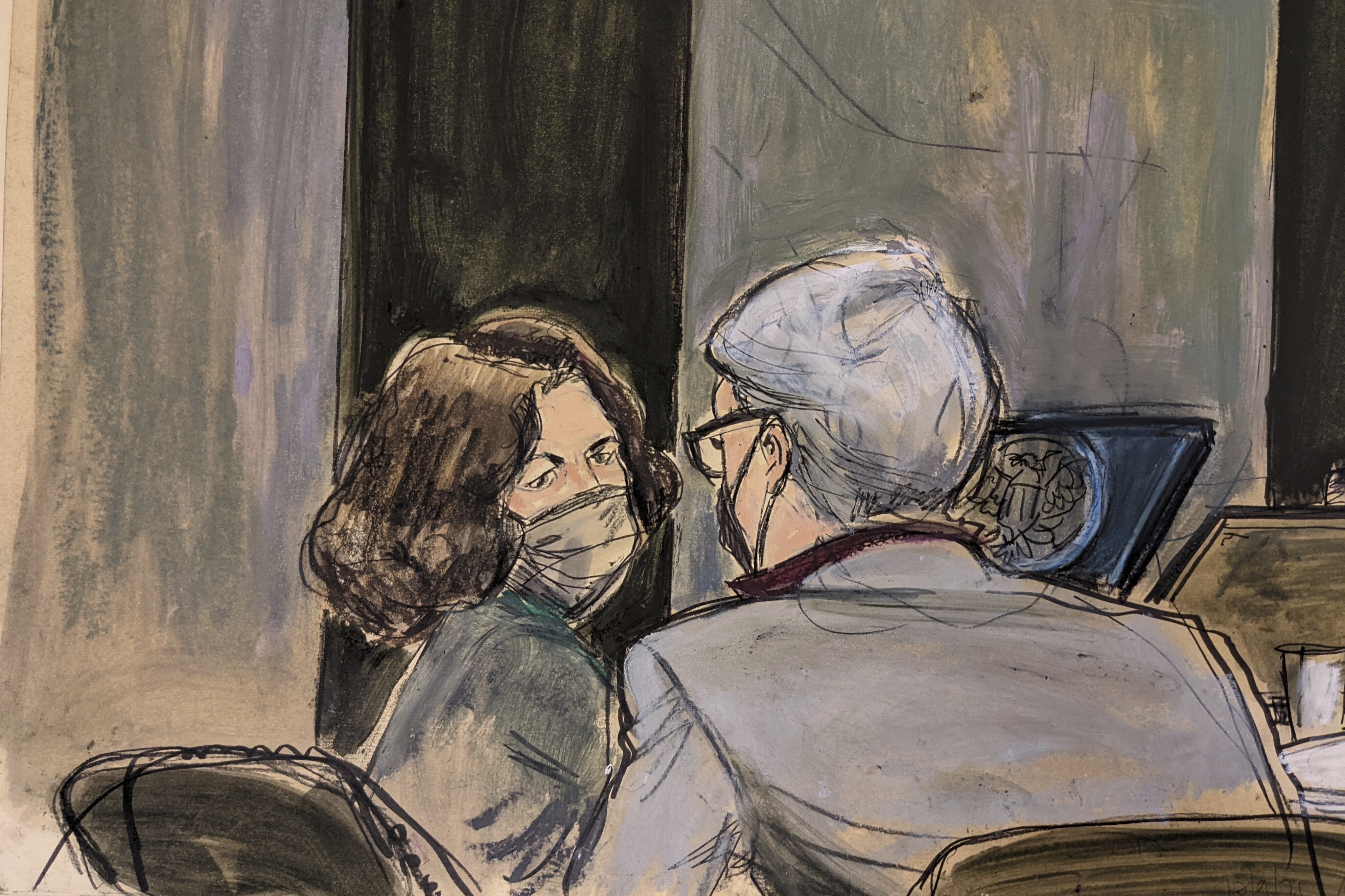 This courtroom sketch shows Ghislaine Maxwell , left, conferring with her defense attorney Bobbi Sternheim before the start of her sex abuse trial on Dec. 9, 2021, in New York. (Elizabeth Williams/Associated Press)