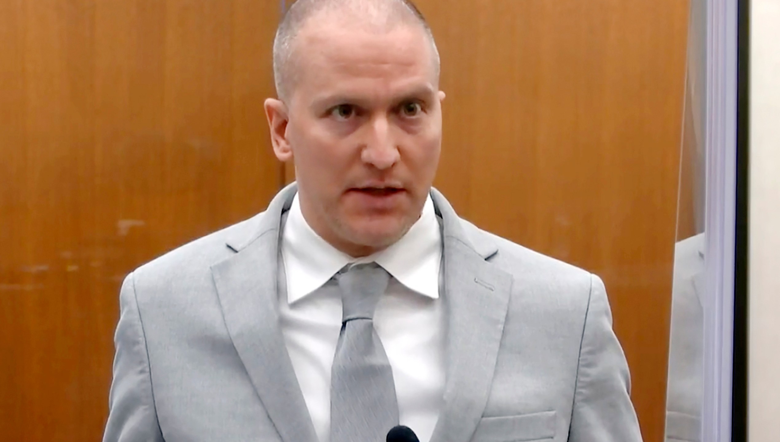 Former Minneapolis police Officer Derek Chauvin addresses the court as Hennepin County Judge Peter Cahill presides over Chauvin's sentencing at the Hennepin County Courthouse in Minneapolis on June 25, 2021. (Court TV via AP, Pool, File)