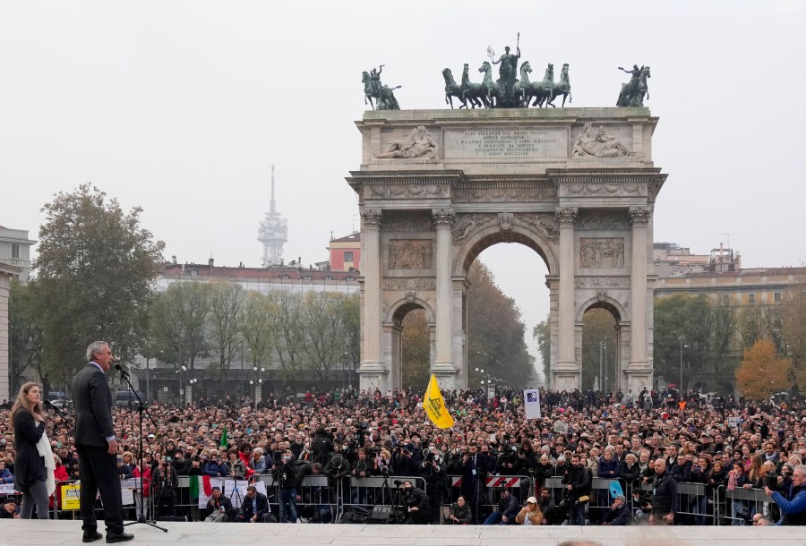 Robert F. Kennedy, Jr., speaks during a protest against the COVID-19 vaccination green pass in Milan, Italy on Nov. 13, 2021. (Antonio Calanni/Associated Press)