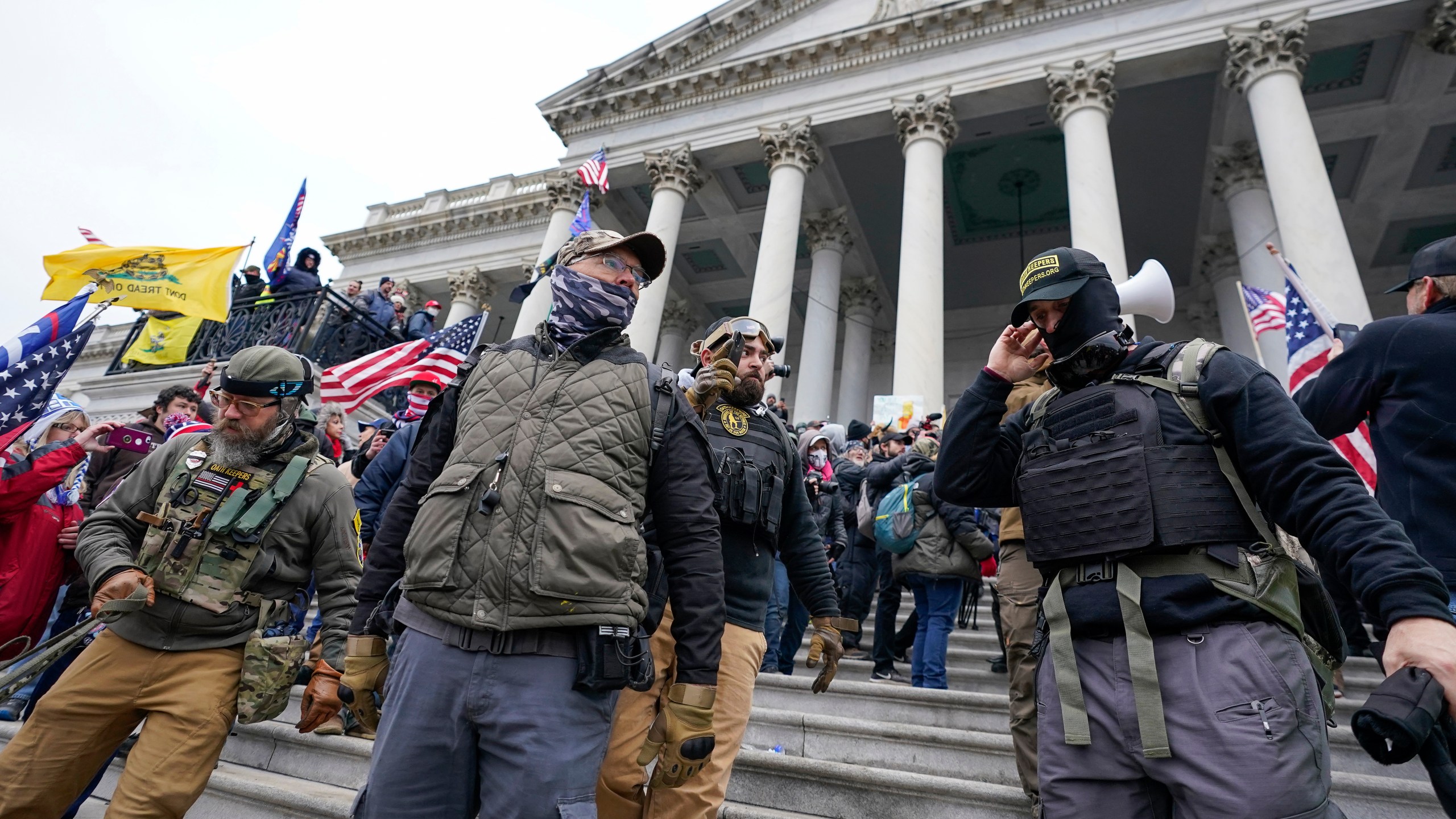 Members of the Oath Keepers on the East Front of the U.S. Capitol on Jan. 6, 2021. (Manuel Balce Ceneta/Associated Press)