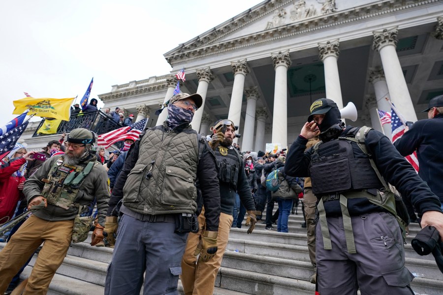 Members of the Oath Keepers on the East Front of the U.S. Capitol on Jan. 6, 2021. (Manuel Balce Ceneta/Associated Press)