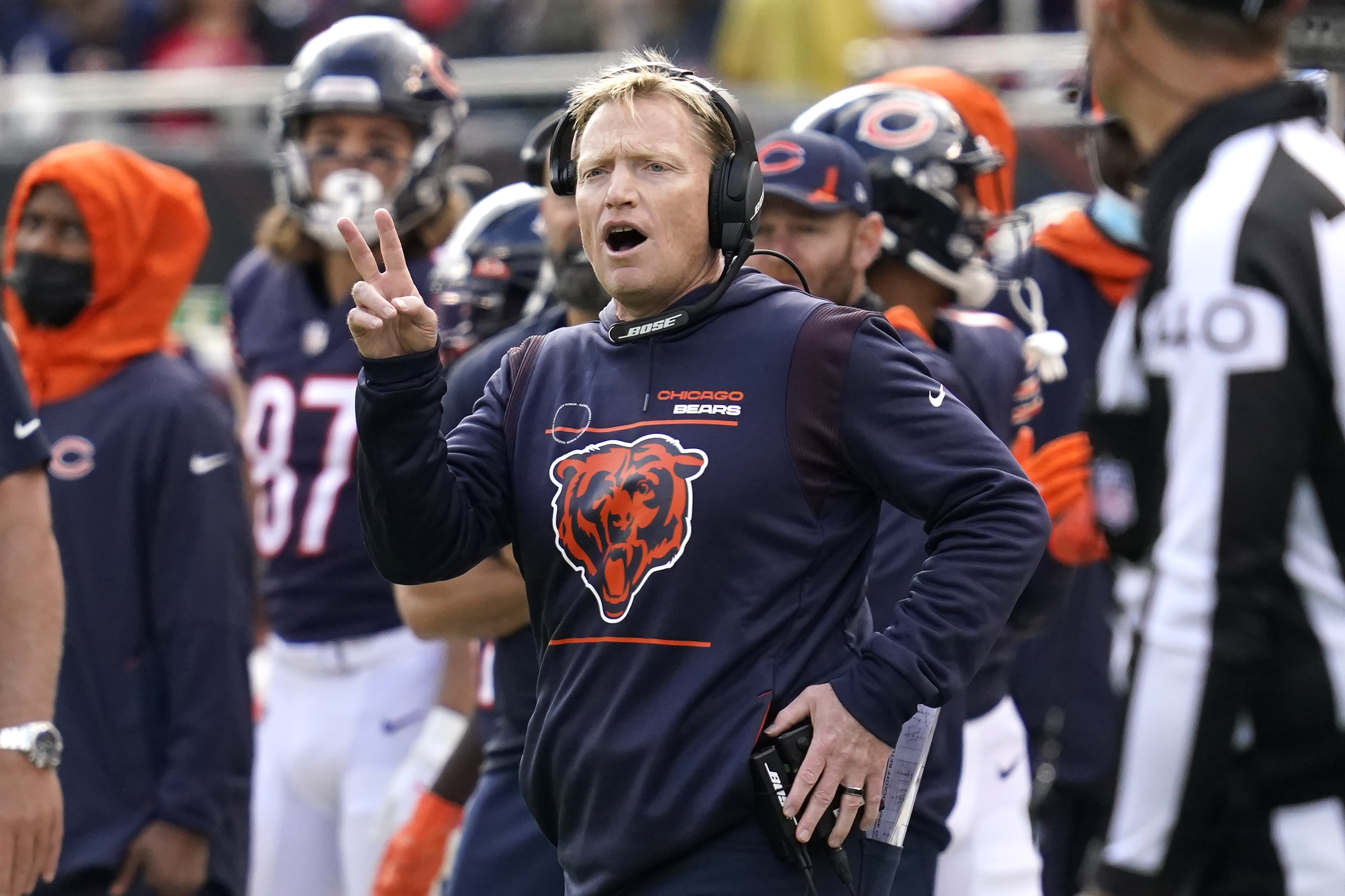 Chicago Bears acting head coach Chris Tabor directs his team during the first half of an NFL football game against the San Francisco 49ers Sunday, Oct. 31, 2021, in Chicago. The Chicago Bears could be without all three of their coordinators, including special teams coordinator Tabor, when they host the Minnesota Vikings on Monday, Dec. 20, 2021. (AP Photo/Nam Y. Huh, File)