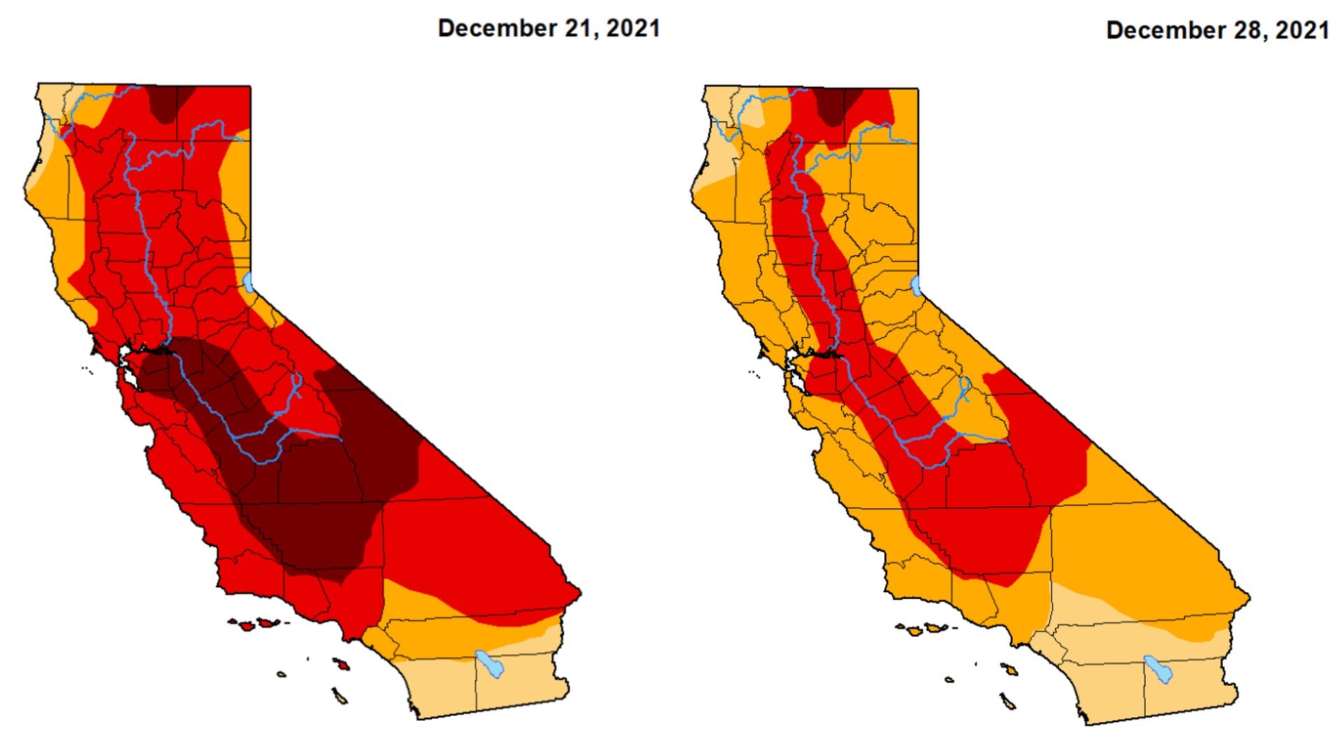 Side-by-side maps show California's drought conditions improved between Dec. 21 and Dec. 28. (U.S. Drought Monitor)