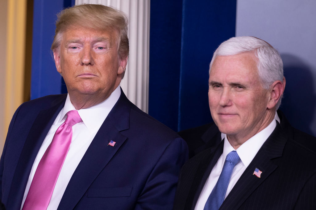 In this file photo, President Donald Trump looks on after a news conference with Vice President Mike Pence in the Brady Press Briefing Room at the White House February 26, 2020 in Washington, DC. (Tasos Katopodis/Getty Images)