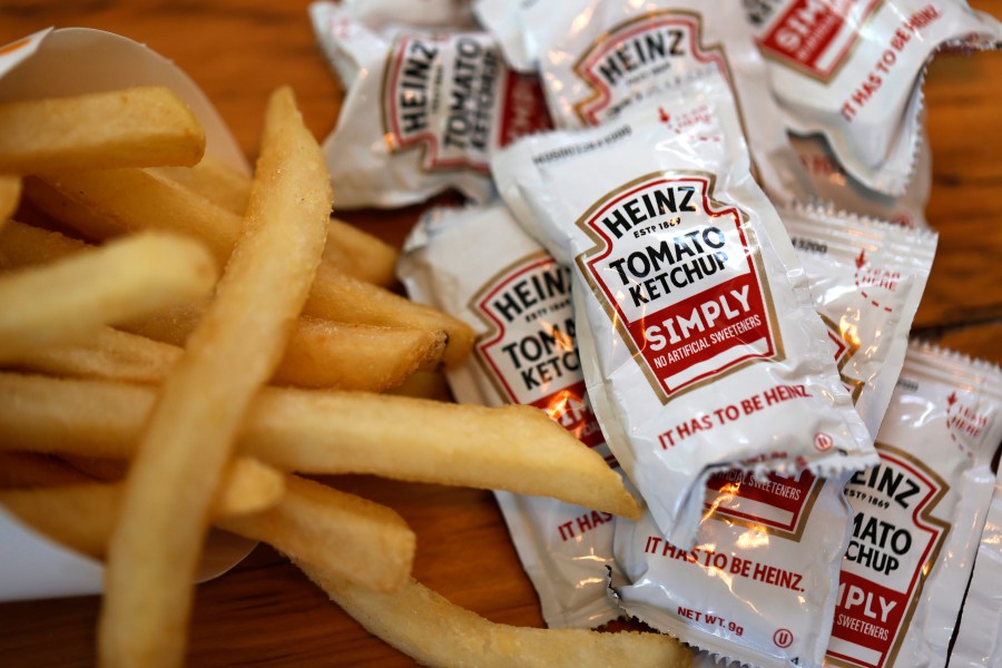 Packets of Heinz ketchup are displayed with Burger King french fries on April 12, 2021 in San Anselmo, California. (Justin Sullivan/Getty Images)