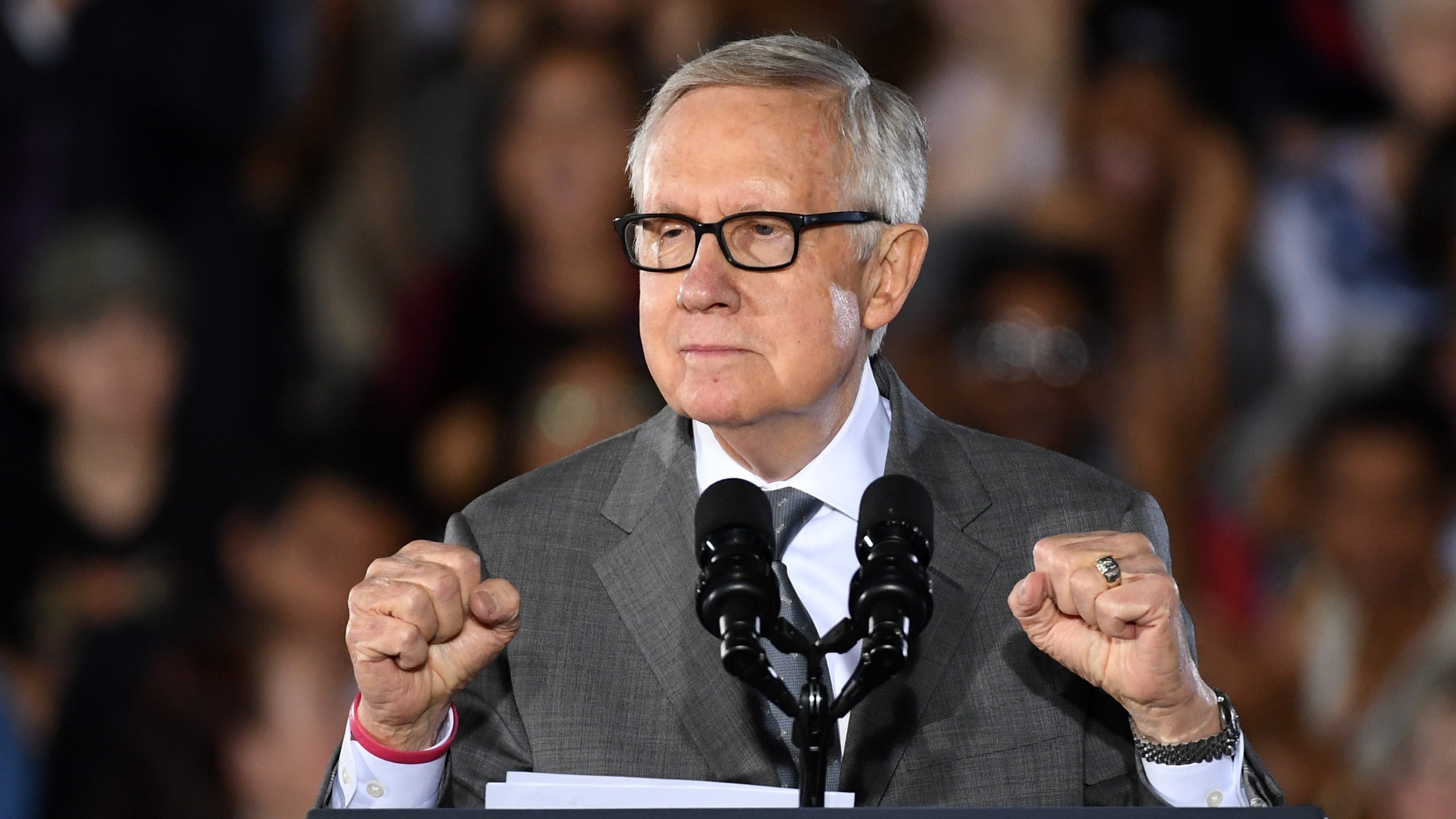 U.S. Senate Minority Leader Harry Reid (D-NV) speaks at a campaign rally with U.S. President Barack Obama for Democratic presidential nominee Hillary Clinton at Cheyenne High School on Oct. 23, 2016 in North Las Vegas, Nevada. (Ethan Miller/Getty Images)