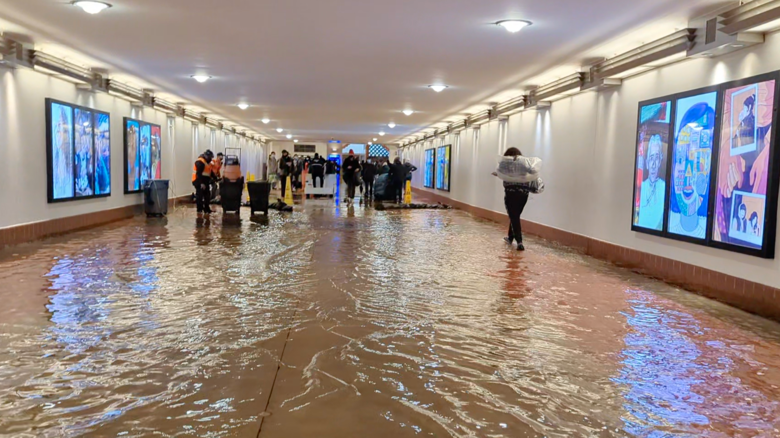 L.A. Union Station floods with water on rainy day Dec. 30, 2021. (Parker Day)