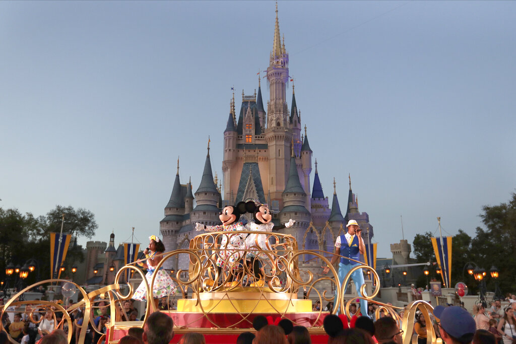 Mickey and Minnie Mouse perform during a parade as they pass by the Cinderella Castle at the Magic Kingdom theme park at Walt Disney World in Lake Buena Vista, Fla. Wednesday, Jan. 15, 2020. (AP Photo/John Raoux, File)