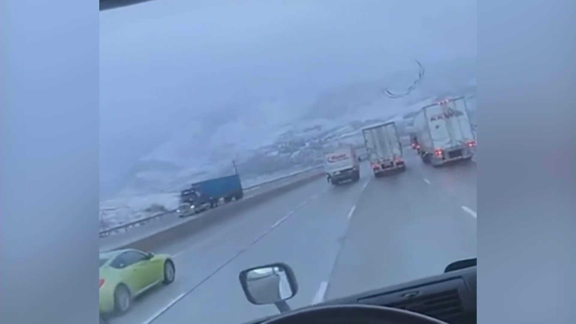 White out conditions along the Grapevine on Dec. 14, 2021. (KTLA)