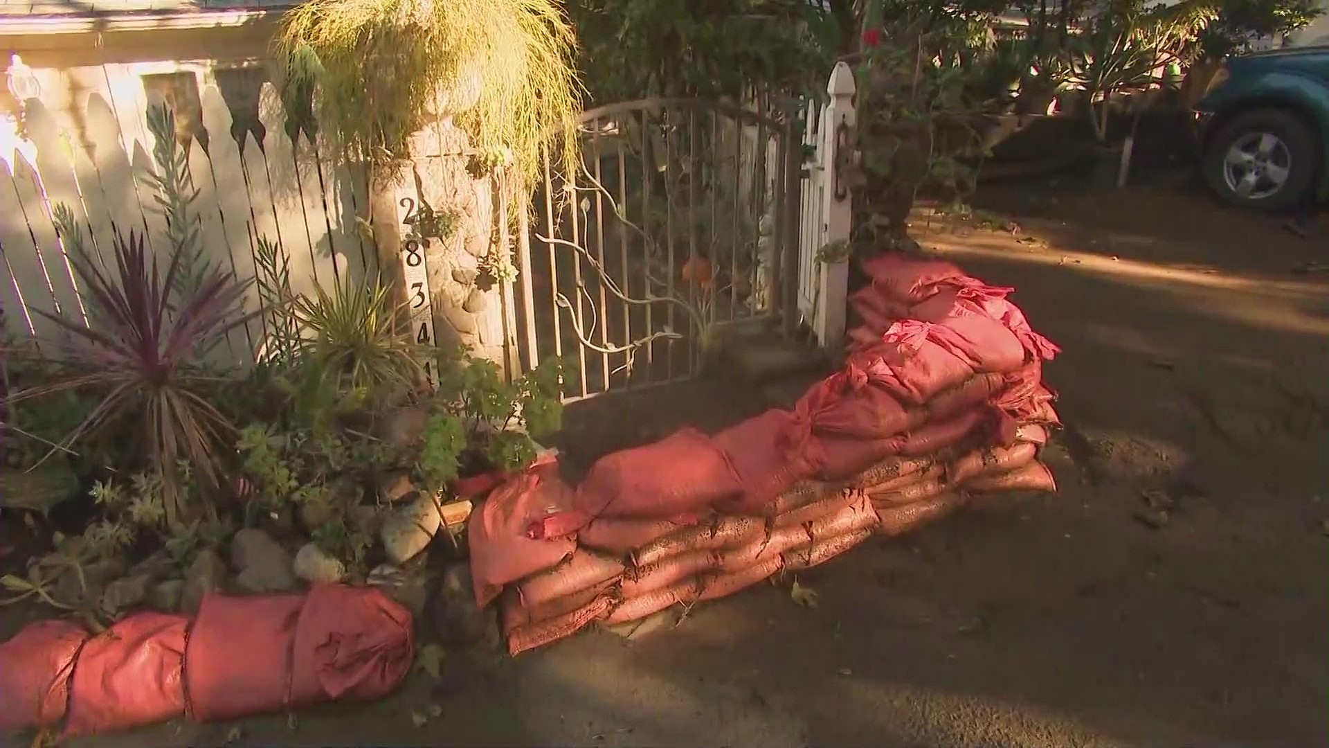 Sandbags are seen around a home in the Silverado Canyon area. (KTLA)