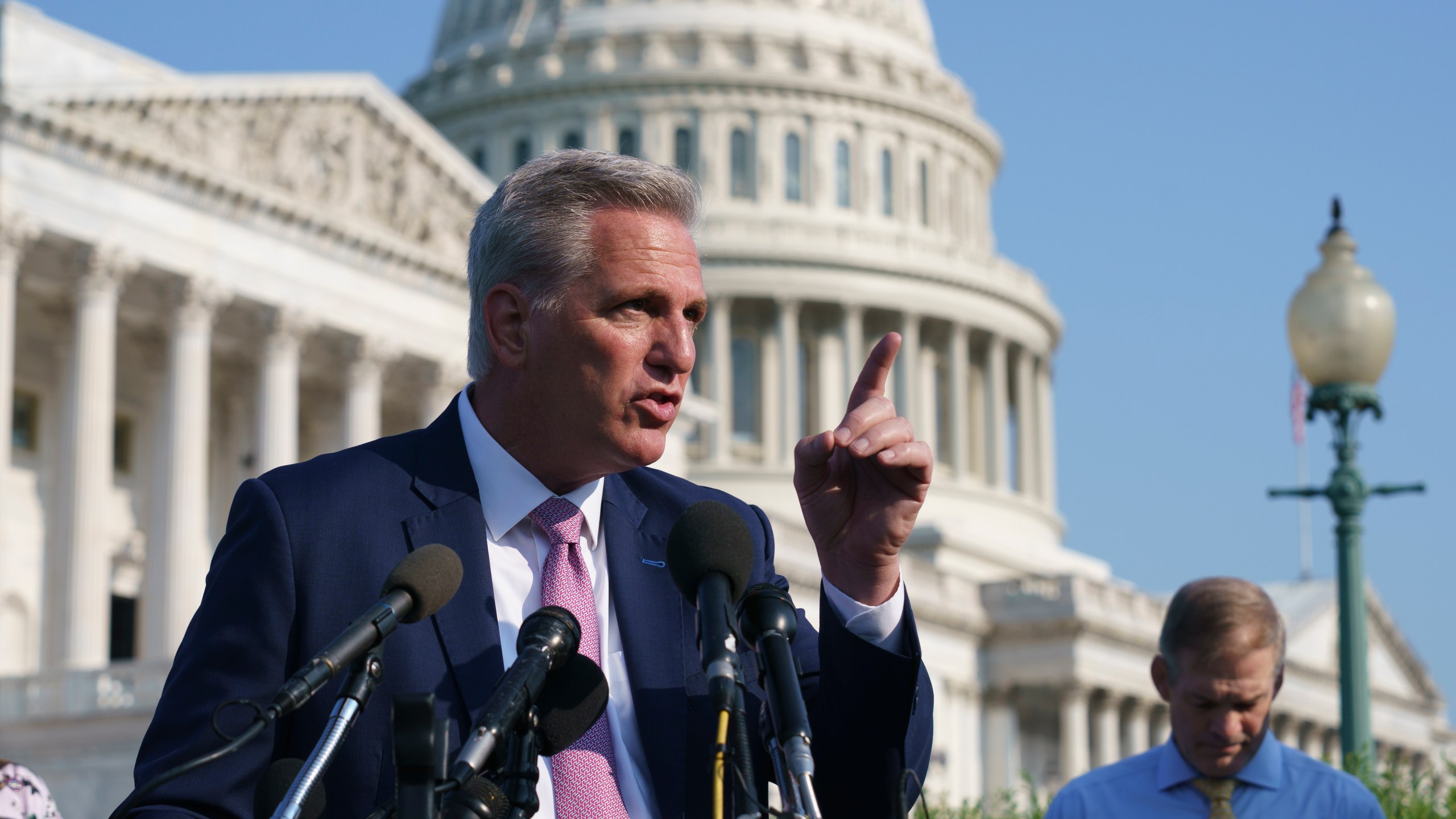 House Minority Leader Kevin McCarthy, R-Calif., joined at right by Rep. Jim Jordan, R-Ohio, holds a news conference before the start of a hearing by a select committee appointed by House Speaker Nancy Pelosi on the Jan. 6 insurrection, at the Capitol in Washington, on July 27, 2021. McCarthy had added Rep. Jordan to the panel but Pelosi rejected him and Rep. Jim Banks, prompting McCarthy to pull all of his picks. (AP Photo/J. Scott Applewhite, File)