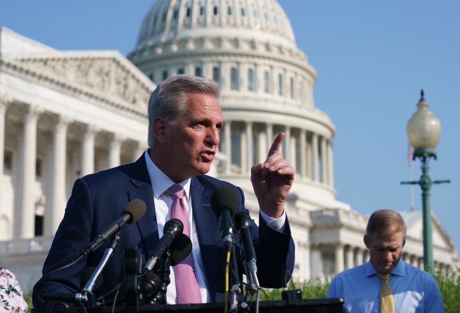 House Minority Leader Kevin McCarthy, R-Calif., joined at right by Rep. Jim Jordan, R-Ohio, holds a news conference before the start of a hearing by a select committee appointed by House Speaker Nancy Pelosi on the Jan. 6 insurrection, at the Capitol in Washington, on July 27, 2021. McCarthy had added Rep. Jordan to the panel but Pelosi rejected him and Rep. Jim Banks, prompting McCarthy to pull all of his picks. (AP Photo/J. Scott Applewhite, File)