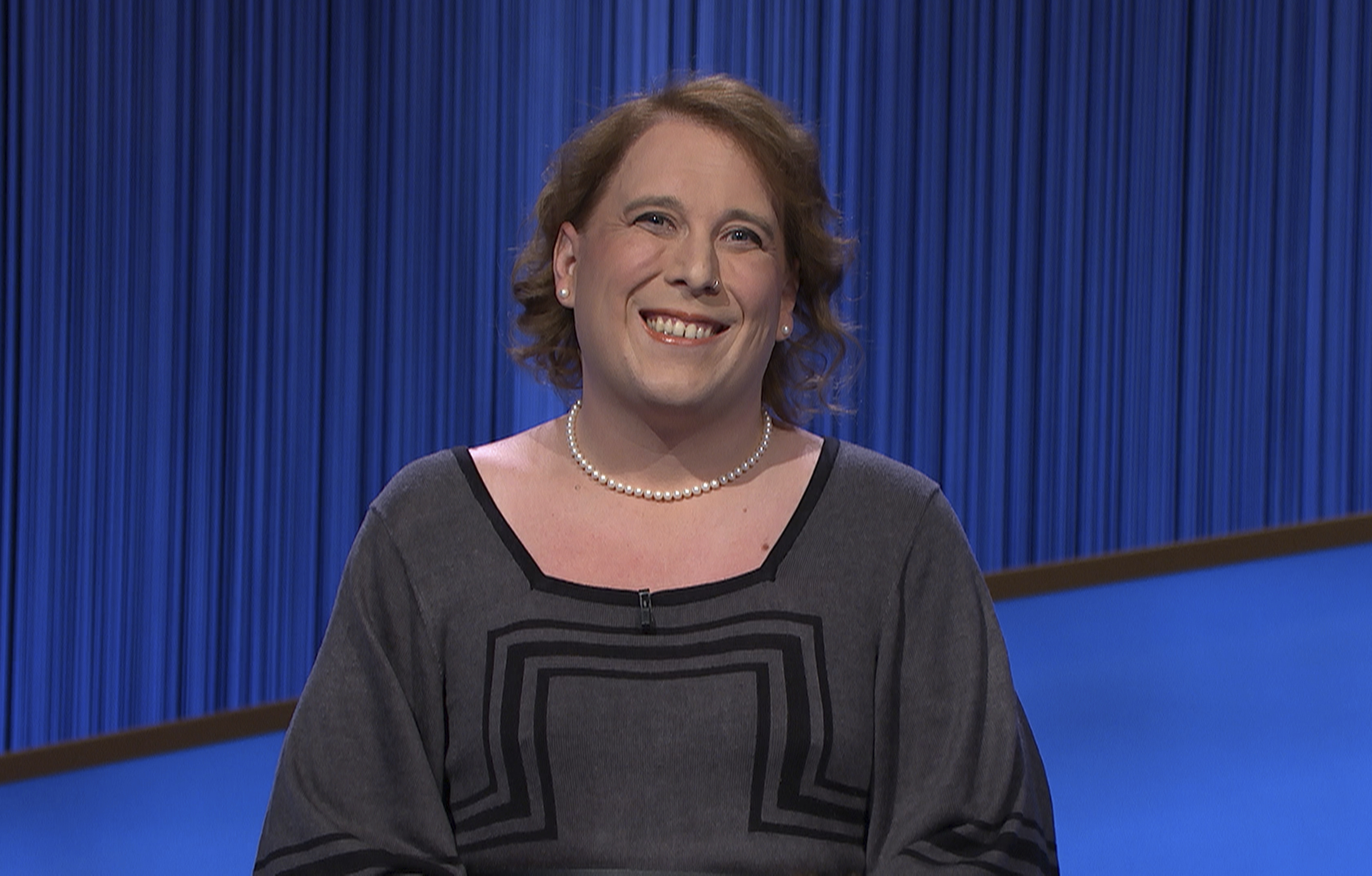 This image provided by Jeopardy Productions, Inc. shows game show champion Amy Schneider on the set of "Jeopardy!"