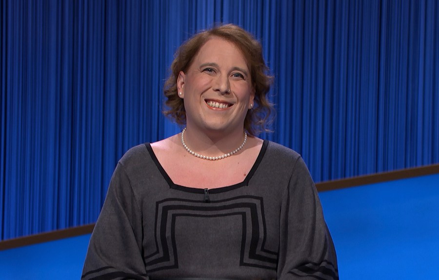 This image provided by Jeopardy Productions, Inc. shows game show champion Amy Schneider on the set of "Jeopardy!"