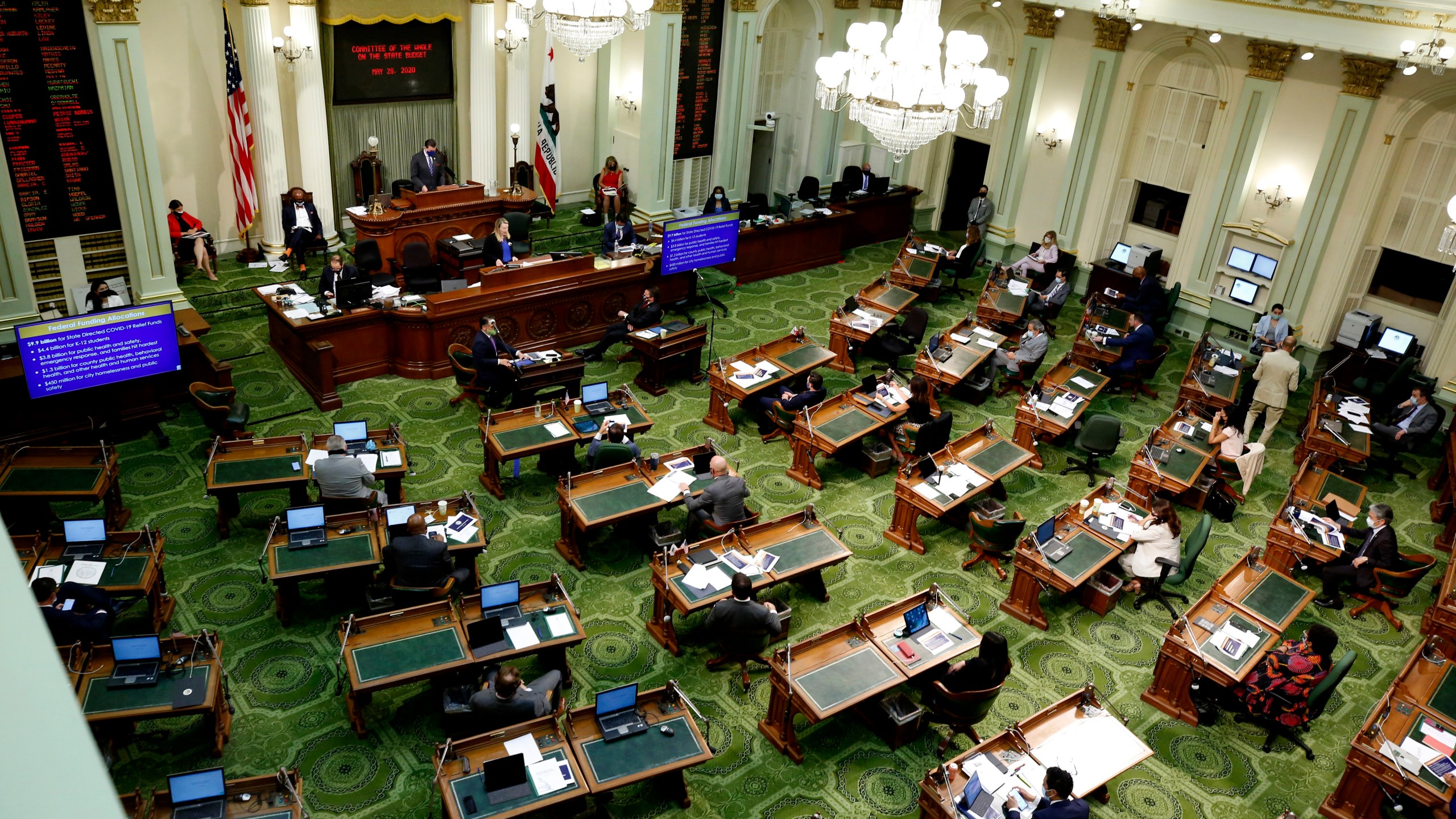 In this May 26, 2020, file photo, members of the state Assembly meet at the Capitol in Sacramento, Calif. (AP Photo/Rich Pedroncelli, Pool, File)