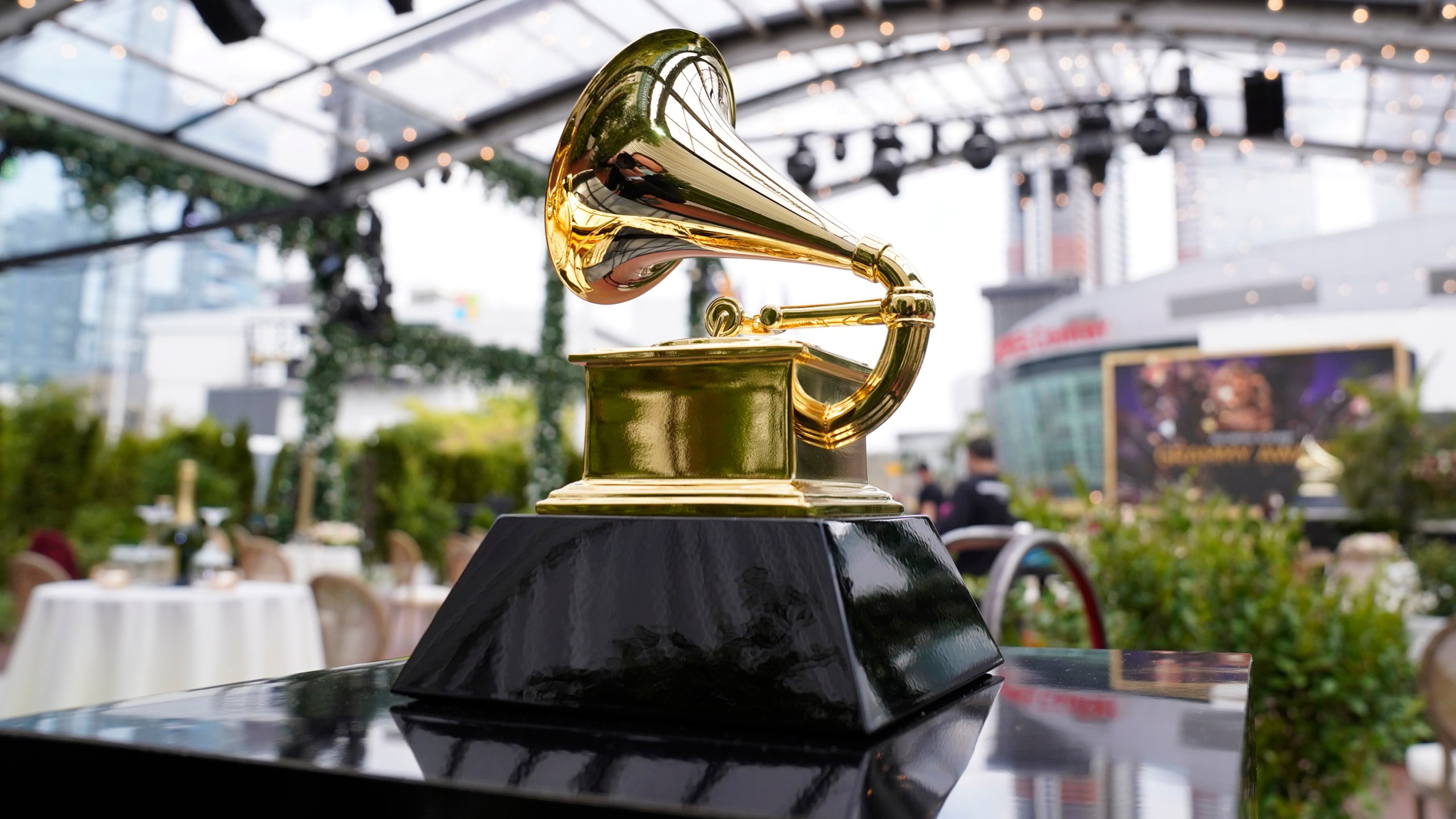 A decorative grammy is seen before the start of the 63rd annual Grammy Awards at the Los Angeles Convention Center on March 14, 2021. (AP Photo/Chris Pizzello, File)