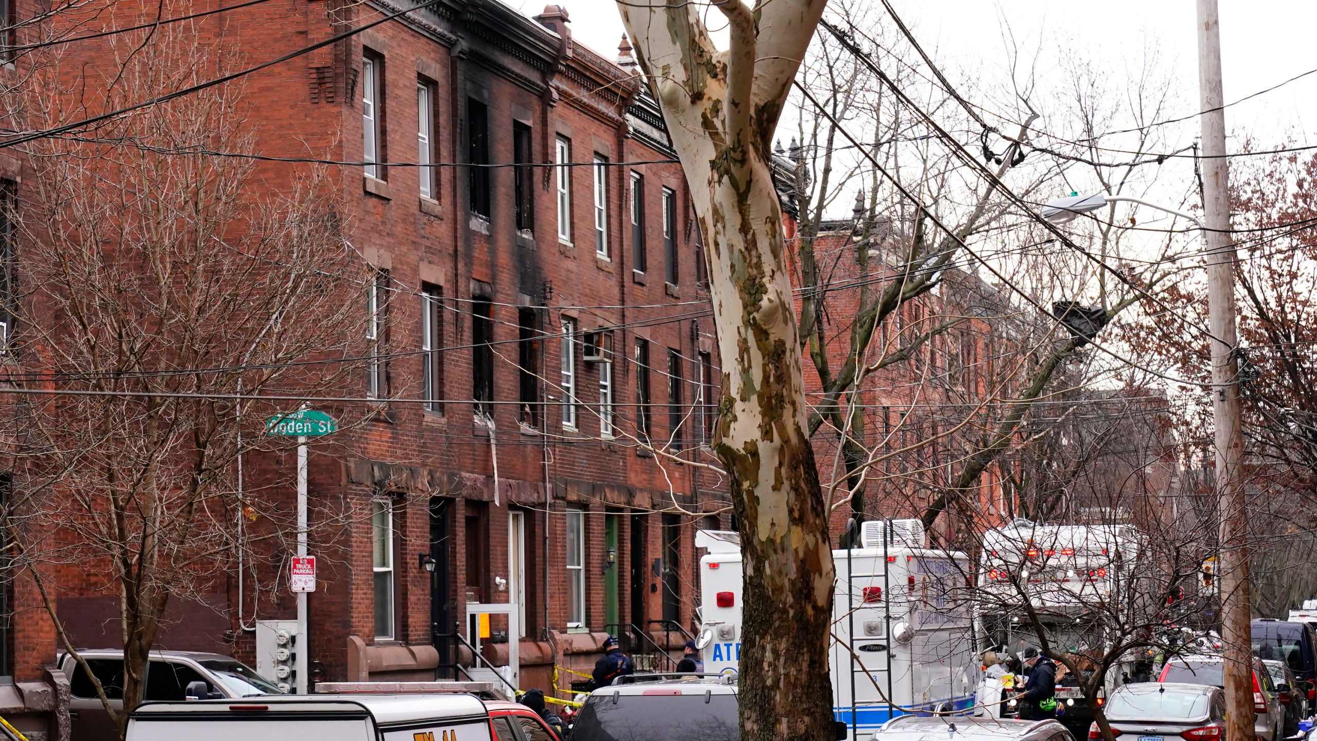 Soot covers the exterior wall of the building of Wednesday's fatal fire in the Fairmount neighborhood of Philadelphia, Thursday, Jan. 6, 2022. Officials say it's the city's deadliest single fire in at least a century. (AP Photo/Matt Rourke)