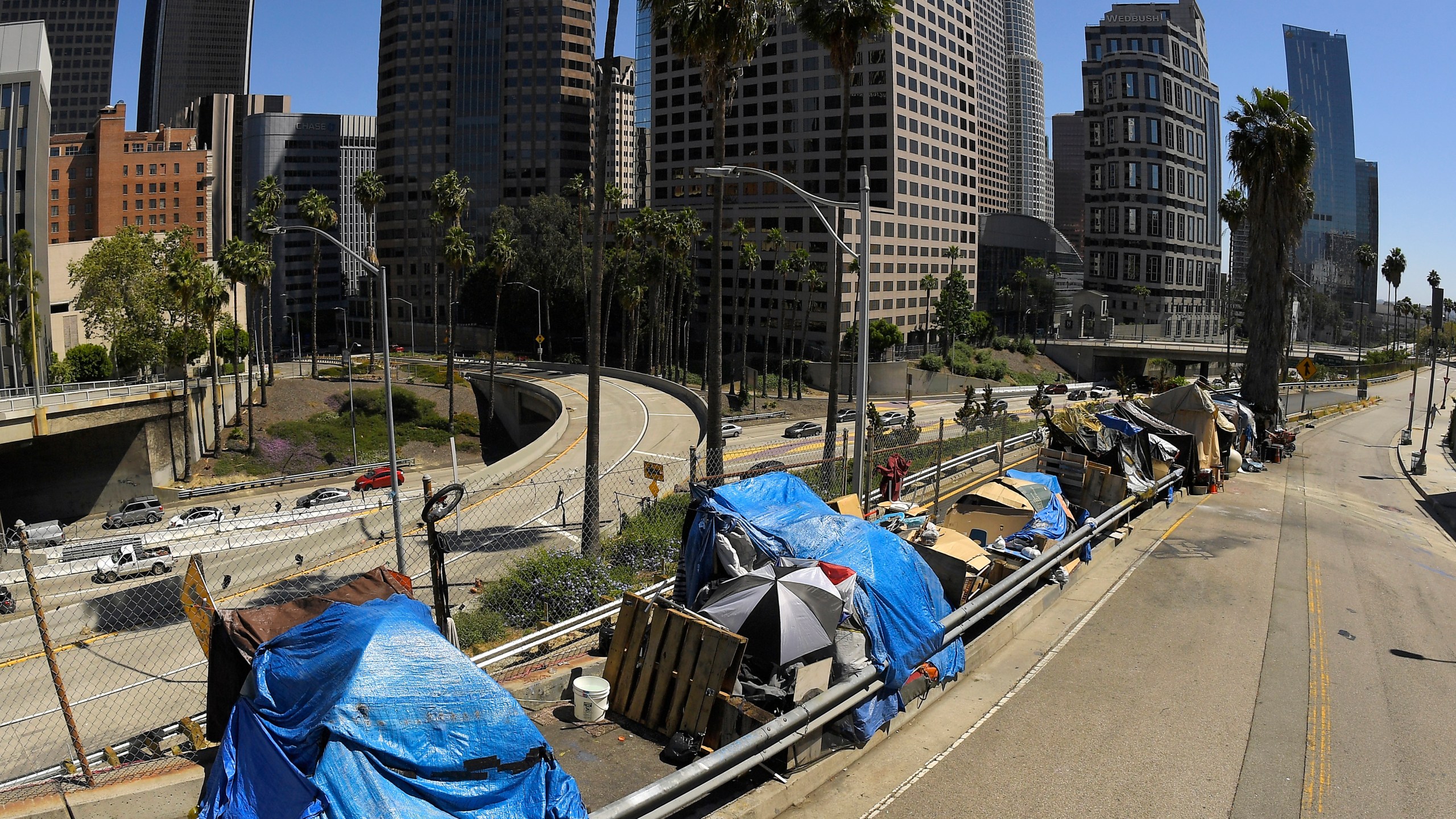 This May 21, 2020, file photo, shows a homeless encampment on Beaudry Avenue as traffic moves along Interstate 110 below during the coronavirus outbreak, in downtown Los Angeles.(AP Photo/Mark J. Terrill, File)