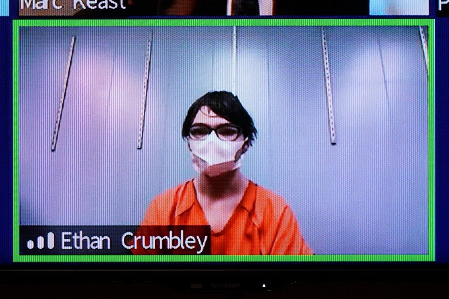 This image from 52-3 District Court shows Ethan Crumbley in a Zoom hearing in Rochester Hills, Mich., on Jan. 7, 2022. The teenager charged with killing four students at their Michigan high school has waived a key court hearing. (AP Photo/Carlos Osorio)