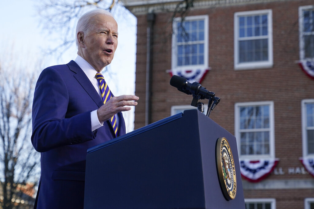 President Joe Biden speaks in support of changing the Senate filibuster rules that have stalled voting rights legislation, at Atlanta University Center Consortium, on the grounds of Morehouse College and Clark Atlanta University, Tuesday, Jan. 11, 2022, in Atlanta. (AP Photo/Patrick Semansky)