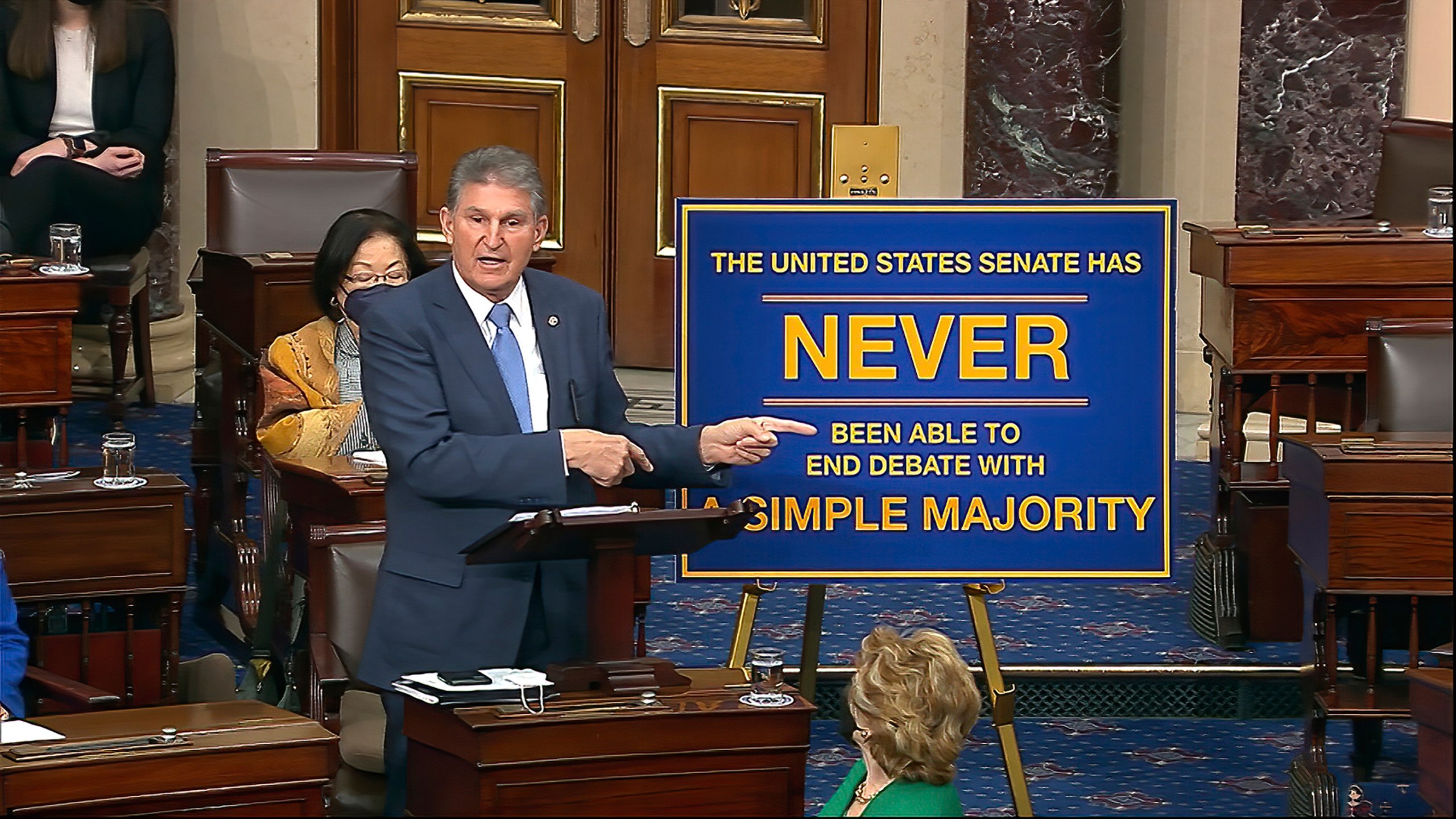 In this image from Senate Television, Sen. Joe Manchin, D-W.Va., speaks on the floor of the U.S. Senate Wednesday, Jan. 19, 2022, at the U.S. Capitol in Washington. (Senate Television via AP)