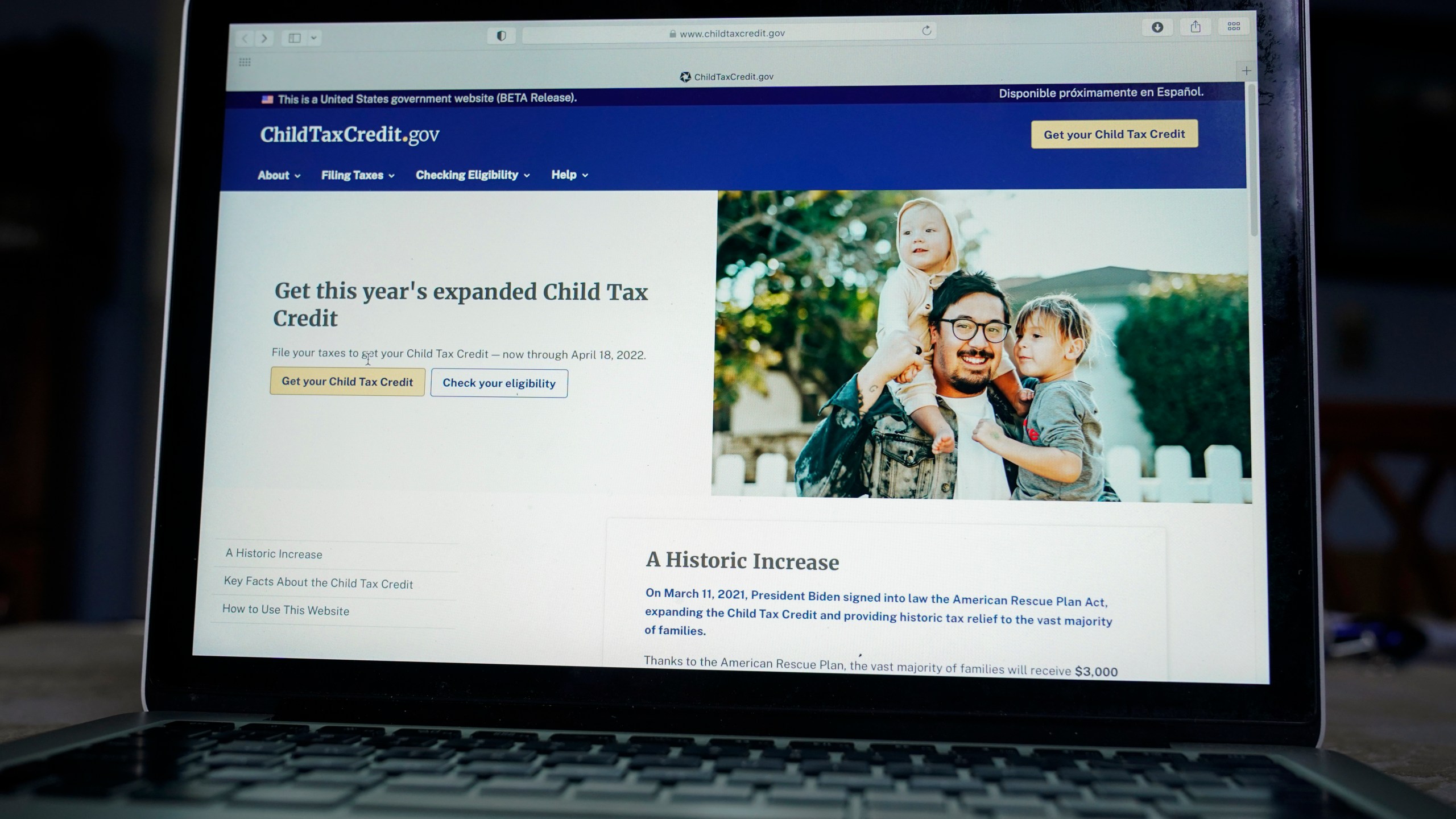 The government website childtaxcredit.gov is photographed on a computer screen Monday, Jan. 24, 2022, in Annapolis, Md. The IRS has launched a revamped Child Tax Credit website meant to steer people to free filing options for claiming the credit. The website includes a new tool that will help filers determine their eligibility and how to get the credit. (AP Photo/Susan Walsh)