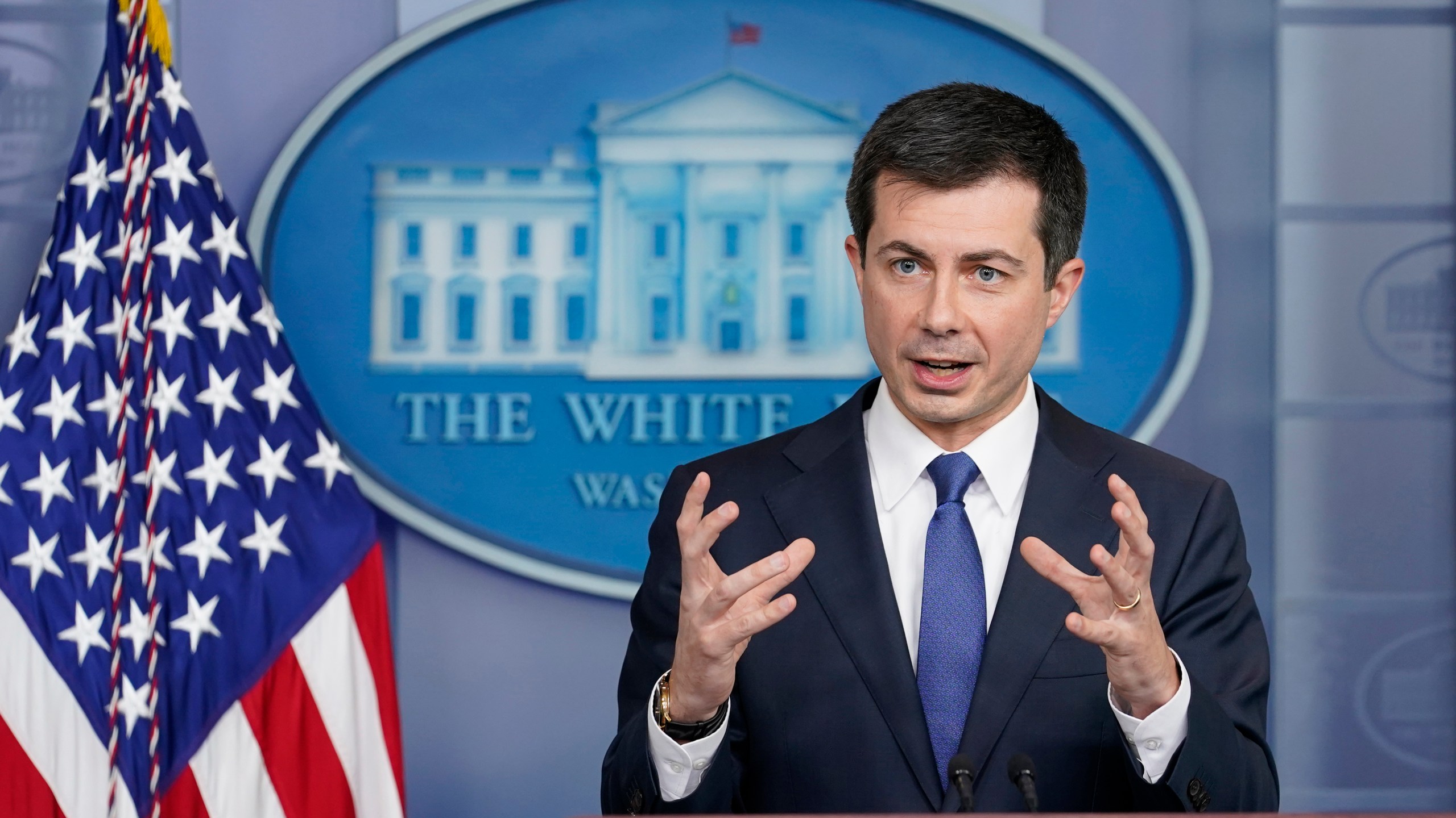 Transportation Secretary Pete Buttigieg speaks during the daily briefing at the White House in Washington, on Nov. 8, 2021. Buttigieg is vowing help to stem a rising U.S. epidemic of car fatalities with a broad-based government strategy aimed at limiting the speed of cars, redesigning roads to better protect bicyclists and pedestrians and boosting car safety features such as automatic emergency braking. Buttigieg indicated to The Associated Press that new federal data being released next week will show another spike in traffic fatalities through the third quarter of 2021. (AP Photo/Susan Walsh, File)