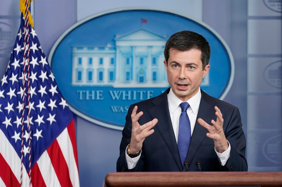 Transportation Secretary Pete Buttigieg speaks during the daily briefing at the White House in Washington, on Nov. 8, 2021. Buttigieg is vowing help to stem a rising U.S. epidemic of car fatalities with a broad-based government strategy aimed at limiting the speed of cars, redesigning roads to better protect bicyclists and pedestrians and boosting car safety features such as automatic emergency braking. Buttigieg indicated to The Associated Press that new federal data being released next week will show another spike in traffic fatalities through the third quarter of 2021. (AP Photo/Susan Walsh, File)