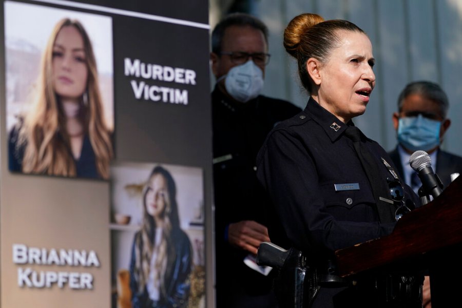 Los Angeles Police Department Capt. Sonia Monico speaks at a news conference, Jan. 18, 2022, in Los Angeles, about the murder of 24-year-old Brianna Kupfer. (AP Photo/Ashley Landis, File)