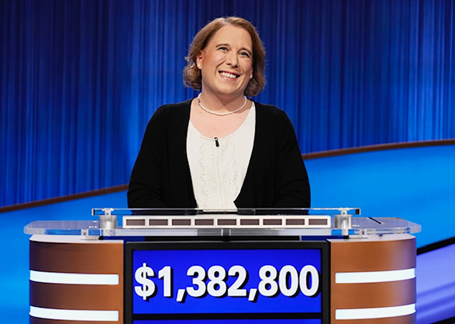 This image released by Sony Pictures Television shows contestant Amy Schneider on the set of "Jeopardy!" After 40 games, Schneider's winning streak has ended. (Casey Durkin/Sony Pictures Television via AP)