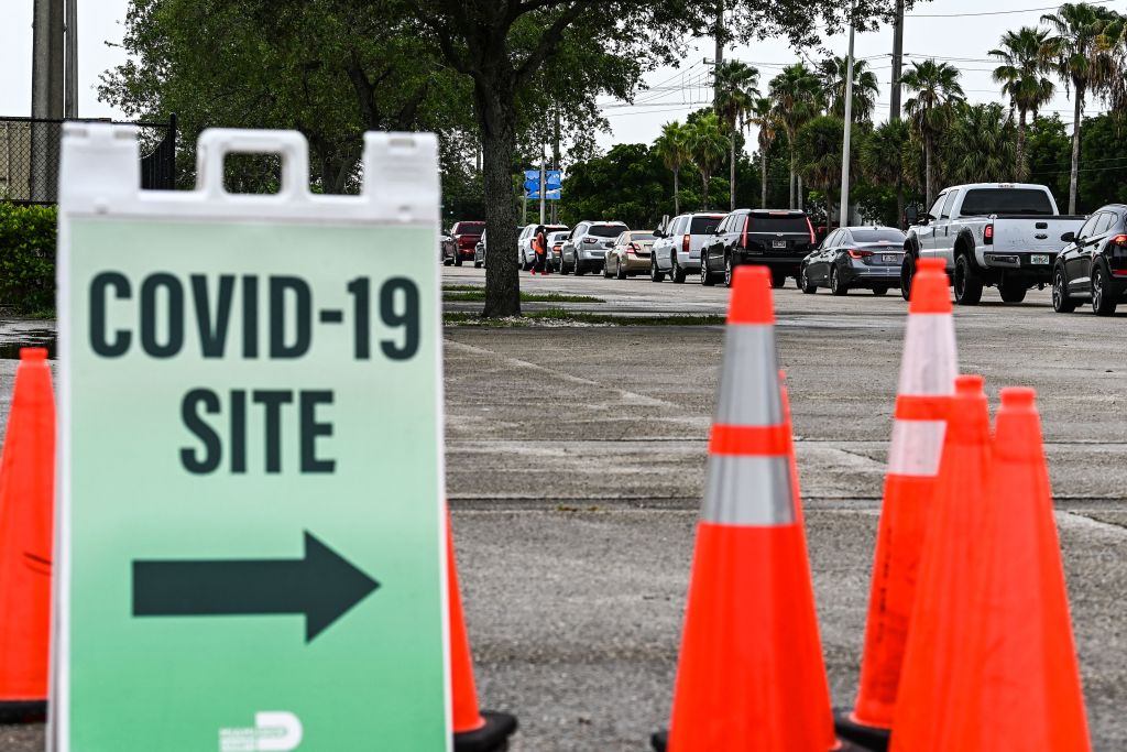 Cars line up for Covid-19 testing in Miami, on August 3, 2020. (Photo by CHANDAN KHANNA/AFP via Getty Images)