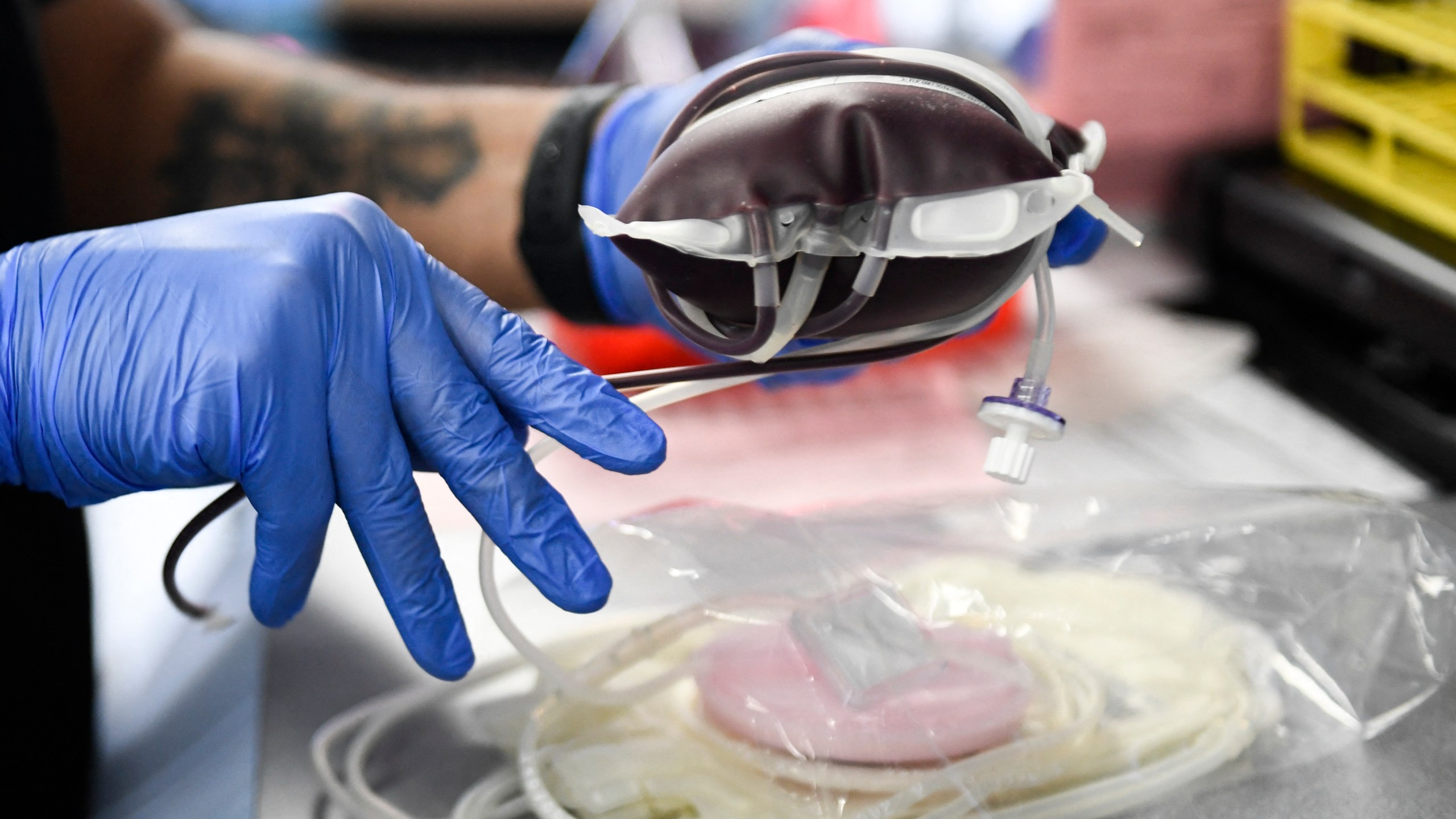 A pint of donated blood is packaged for transportation during a Children's Hospital Los Angeles blood donation drive in the LA Kings blood mobile outside the Crypto.com Arena on January 13, 2022 in Los Angeles. (PATRICK T. FALLON/AFP via Getty Images)