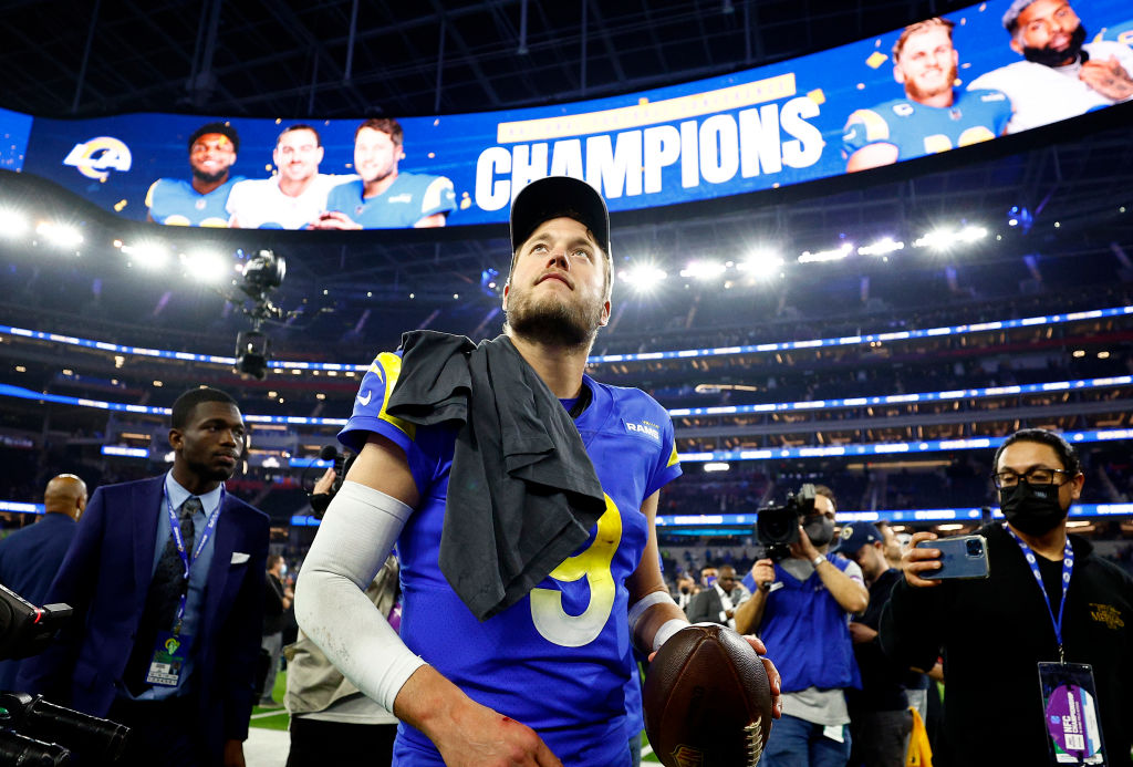 Matthew Stafford #9 of the Los Angeles Rams reacts after defeating the San Francisco 49ers in the NFC Championship Game at SoFi Stadium on January 30, 2022 in Inglewood. (Ronald Martinez/Getty Images)