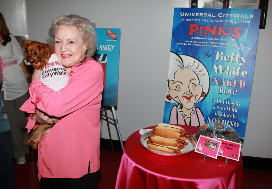 Actress Betty White attends the opening of Pink's Hot Dogs and the unveiling of the Betty White "Naked" Hot Dog at Pink's Universal CityWalk on April 19, 2010. (David Livingston/Getty Images)