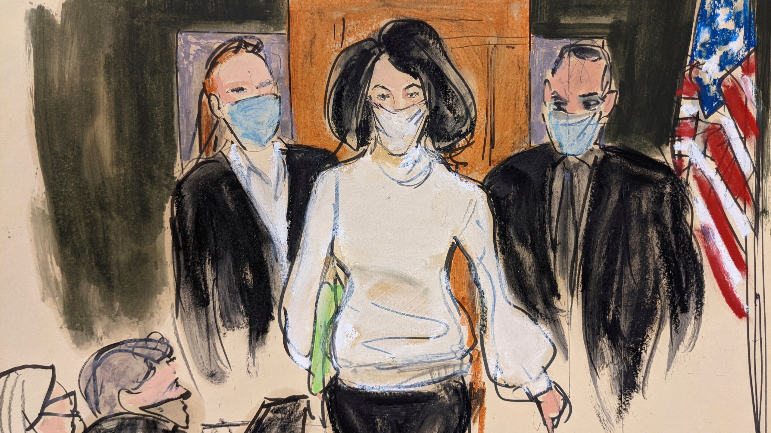 In this courtroom sketch, Ghislaine Maxwell enters the courtroom escorted by U.S. Marshalls at the start of her trial, Monday, Nov. 29, 2021, in New York. A late-June sentencing date was set Friday, Jan 14, 2022, for Maxwell following her conviction last month on charges including sex trafficking and conspiracy relating to the recruitment of teenage girls for financier Jeffrey Epstein to sexually abuse. (AP Photo/Elizabeth Williams, File)