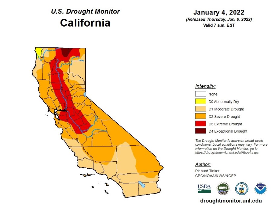 The full California drought map for January 4, 2022. (U.S. Drought Monitor) 